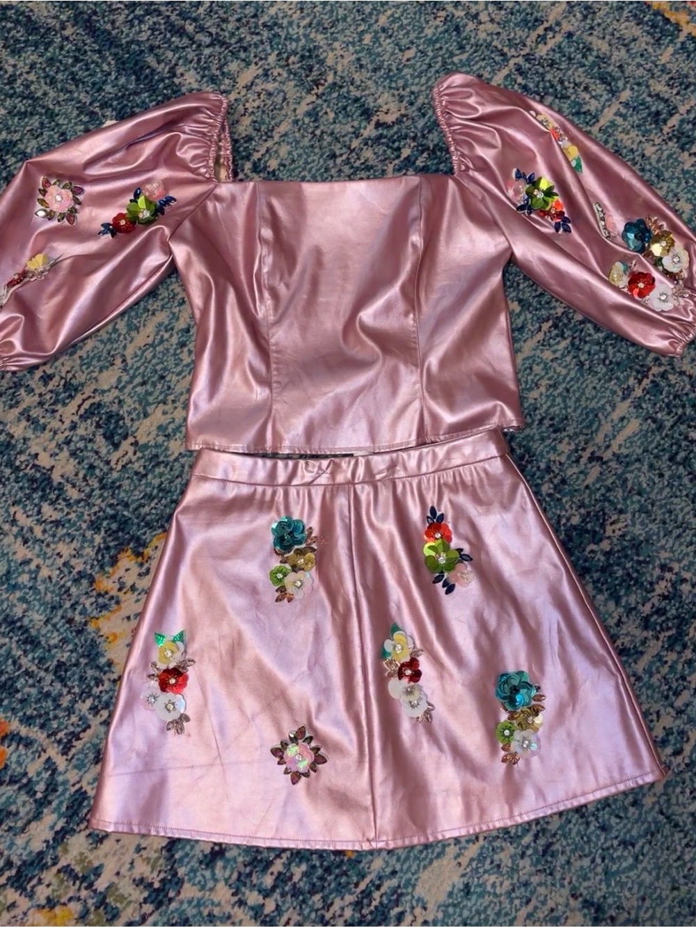 Pink Embellished Two-Piece Set - Floral Appliqué